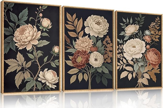 HOURIA Large Moody Dark Flower Framed Canvas Wall Art,Retro Beige Red Peony Wall Decor,Vintage Textured Blossom Botanical Artwork,Natural Wildflower Art Print for Living Room,Bedroom,Office-24 x36 x3