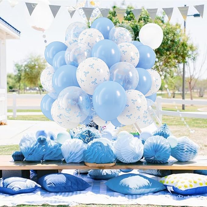 Blue Bow Balloons, 12 Inch Pastel Light Blue Transparent White Bow Print Coquette Balloon for Girls Birthday Bachelorette Party Bridal Baby Shower Wedding Anniversary Decorations Supplies