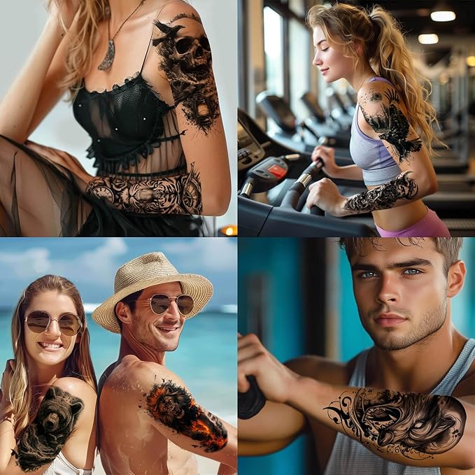 GLARYYEARS 24-Pack Half Sleeve Temporary Tattoos for Adults - Realistic 3D Halloween Cosplay, Lion, Eagle, Skull, Jesus & Greek God Gothic Designs | Waterproof Forearm Body Stickers for Men & Women
