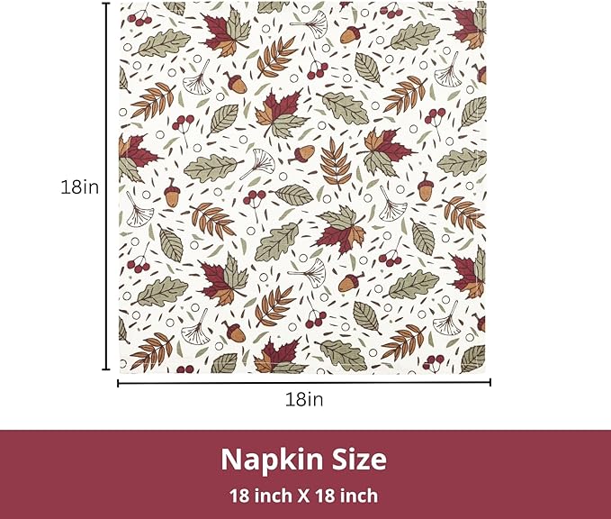 PurpleEssences Fall Harvest Thanksgiving Napkins 18x18 Inch, Set of 6-100% Cotton Autumn Leaves Print - Reusable, Washable Dinner Napkins for Home, Kitchen & Parties - Sienna Sage