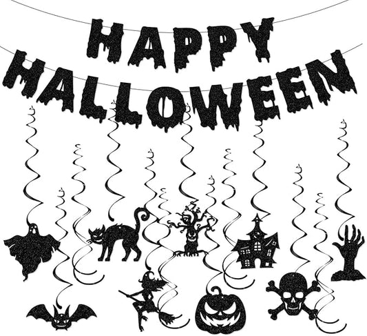 Halloween Vintage-Ghost Black Party-Decorations Supplies - 11pcs Happy Banner,Outdoor Bat Witch Streamers Garland,Spooky Home Hanging Swirl,Indoor Haunted Mansion Room Wall Backdrop Decor Burgleda