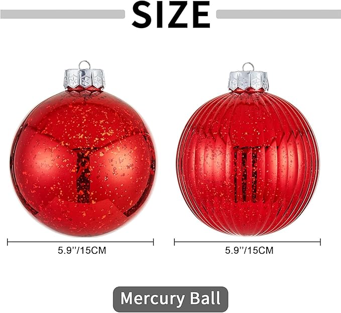Large Christmas Ball Ornaments, Oversized Shatterproof Plastic Decorative Hanging Mercury Ornaments Ball for Xmas Holiday Party Decorations (Red, 6.0")