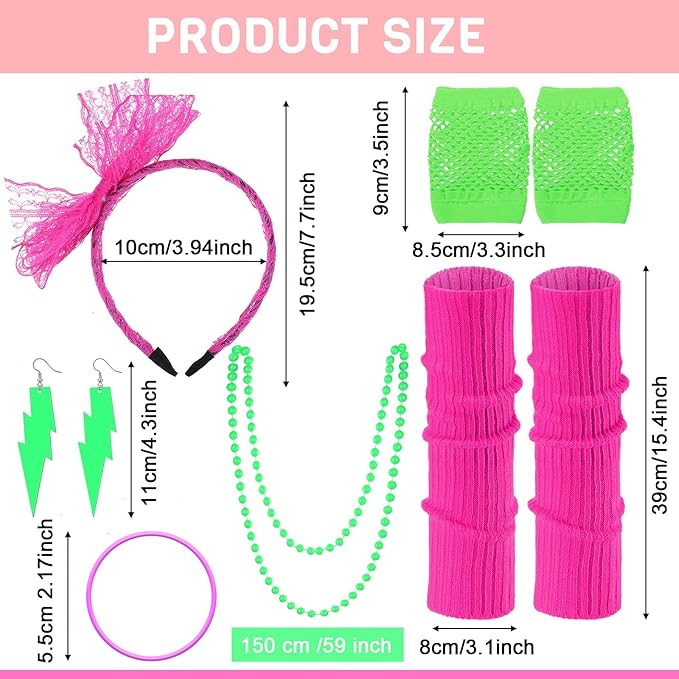 Handepo 19 Pcs 80s Costume Accessories Holographic Fanny Pack Leg Warmers Lace Headband Earrings Gloves Necklace Bracelet