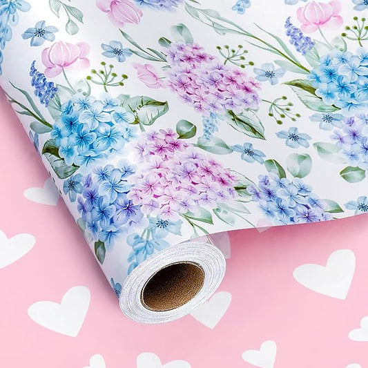 Yarcony Blue Floral Wrapping Paper Roll - Mini Roll,17 Inch X 33 Feet - Elegant Watercolor Hydrangea Flower Gift Wrap for Wedding, Bridal Shower, Anniversary, Mother's Day, Birthday
