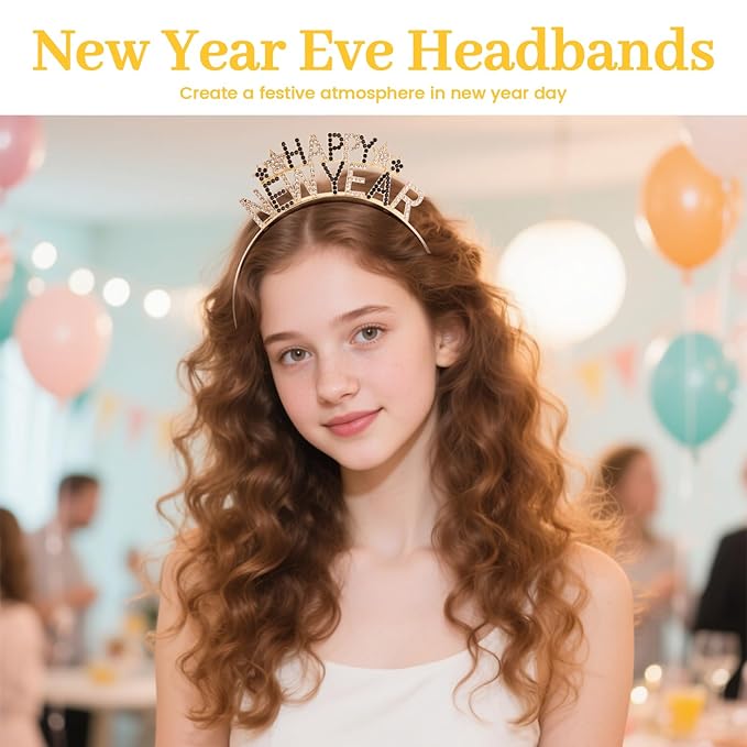 3 Pack Happy New Year Headband Tiara,New Years Eve Headbands for Women,New Years Eve Party Supplies Decorations,New Year Eve Hair Accessories,Rhinestone Hair Clasp Tiaras