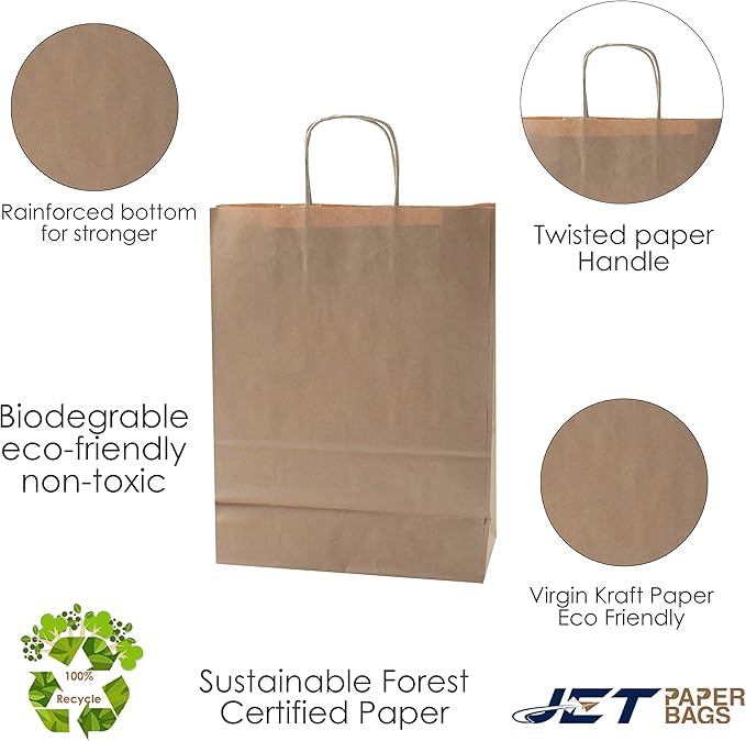 JET PAPER BAGS - 10”x5”x13” Inch [25 Pcs] Brown Paper Bags with Handles Prime for Takeout, Grocery, Goody, Retail, Party, Gifts, Weddings - Recyclable Kraft Paper Gift Bags with Handles