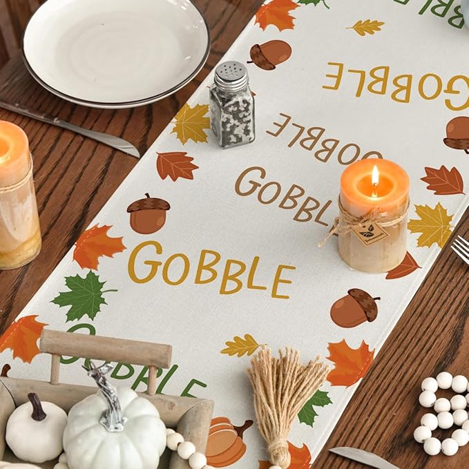 Artoid Mode Gobble Turkey Maple Leaves Thanksgiving Table Runner, Seasonal Fall Harvest Holiday Kitchen Dining Table Decoration for Indoor Outdoor Home Party Decor 13 x 36 Inch