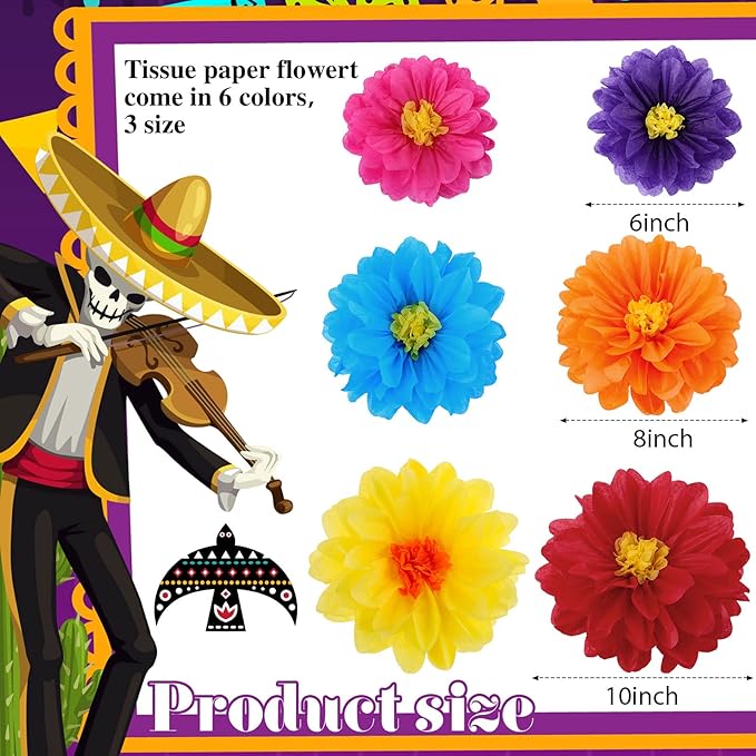 Geyee 54 Pcs Mexican Paper Flowers Colorful Fiesta Tissue Paper Flowers Pom Poms Mexican Carnival for Floral Party Backdrop Wedding Birthday Party Craft (6" 8" 10")