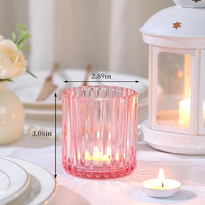 Pink Large Votive Candle Holder Set of 8, Tea Lights Candle Holders for Wedding Table Centerpieces. Boho Decor, Home Dinner Birthday Party Decor, Bridal Shower and Holiday Decorations