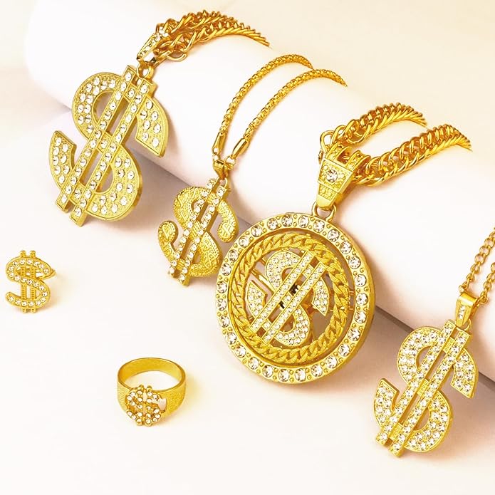 6 Pack Fake Gold-Colored Dollar Sign Chain Necklace Ring for 80s 90s Hip Hop Costumes Outfit, Rapper Jewelry for Men Women