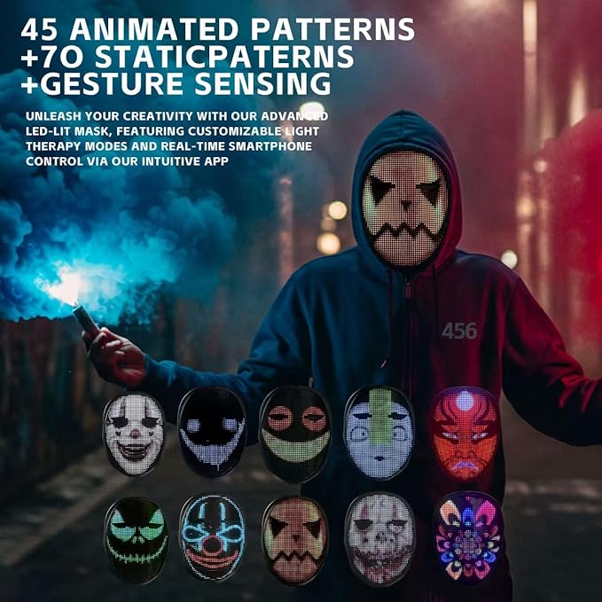 LED Mask with APP & Gesture Control - Perfect for Cosplay, Masquerade Balls & Party Costumes for Adult Unisex Mask