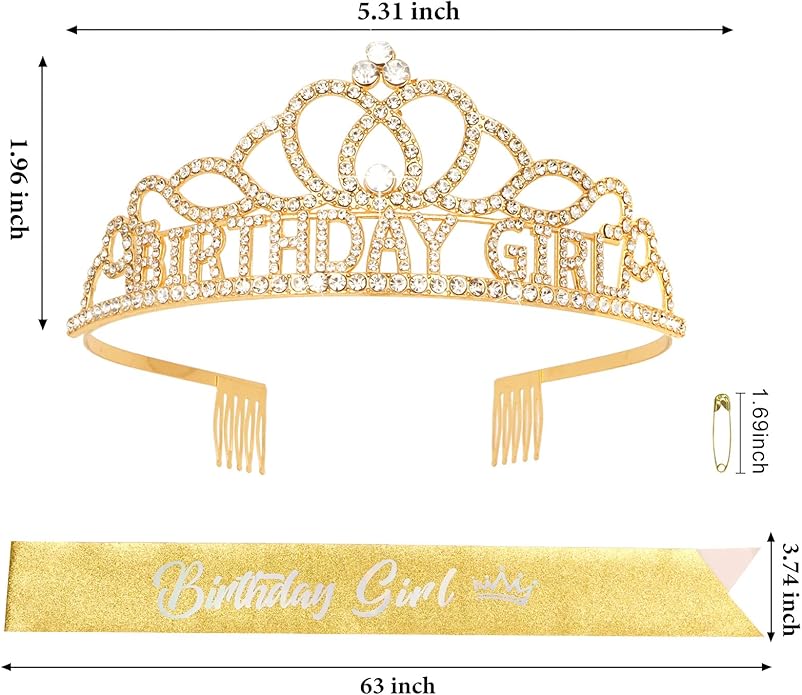 CAVETEE Birthday Crown for Women，Gold Birthday Girl Crowns & Sash - Girl Tiara for Party