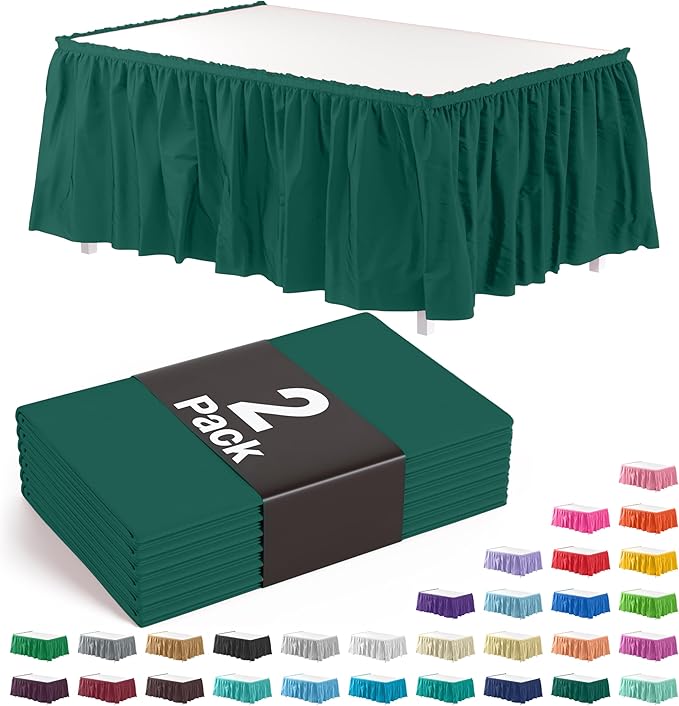 Exquisite Ruffle Table Skirt Dark Green 2 Pack 14 Ft Long Table Skirts for Rectangle Tables 6ft Plus or Round Tables Skirts with Adhesive Strip for Gender Reveal Decor & Happy Birthday Parties