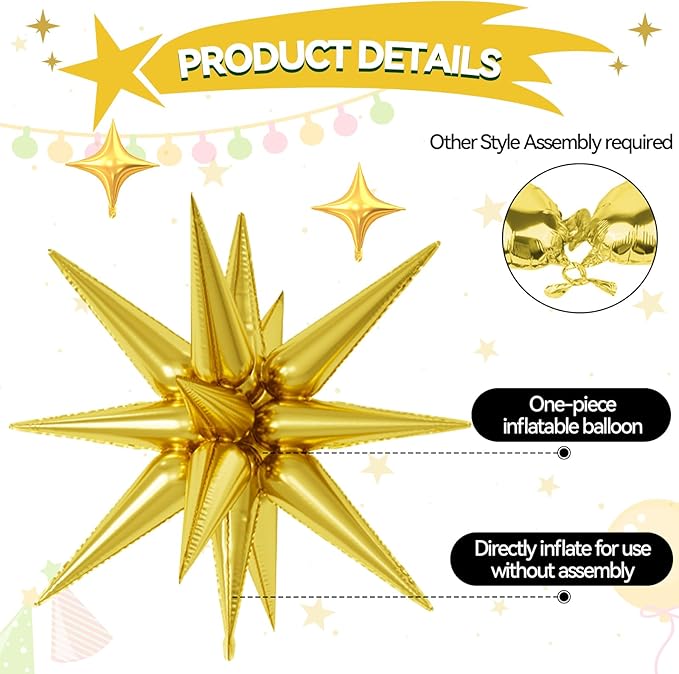 18 Pcs Black Gold Star Balloons, Gold and Black Balloon with 6 Pcs 22-Inch Explosion Star Balloons 12Pcs 10-Inch Four Pointed Stars Foil Balloon for Anniversary Disco Birthday Party Decorations