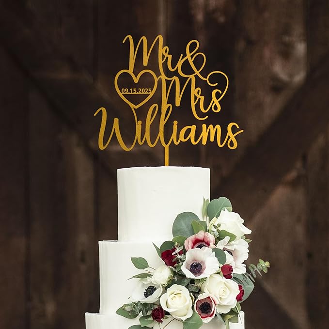 Noni Luxury Personalized Wedding Cake Topper with date and heart, Custom Couples Script Cake Topper for Weddings, Rustic Cake Topper, Custom Cake topper, Mr and Mrs Cake Toppers for Wedding