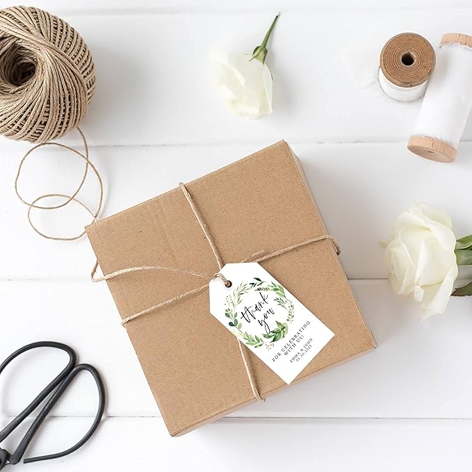 Andaz Press 100-Pack Personalized Thank You Wedding Favor Tags with Bakers Twine Greenery Wreath Custom Cardstock 2' X 3.75'