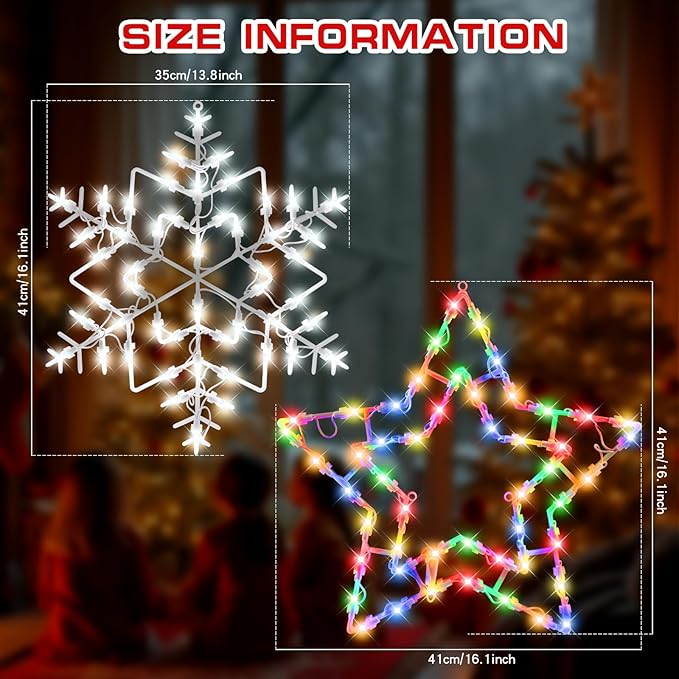 Christmas Window Silhouette LED Lights Decorations, Pack of 2 Sign Lighted snowflake and pentagram Christmas Window Lights with 50 Bulbs for Holiday Indoor Wall Door Glass Decor，Christmas window decor