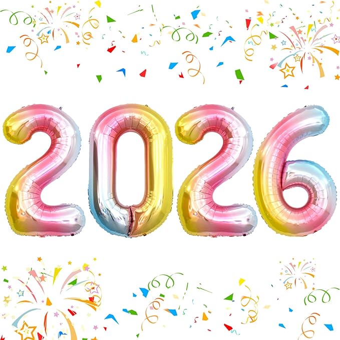 KALOR 42 Inch 2026 Rainbow Foil Mylar Number Balloons, Giant 2026 New Years Decorations for 2026 Happy New Year Eve and Graduations Party Supplies