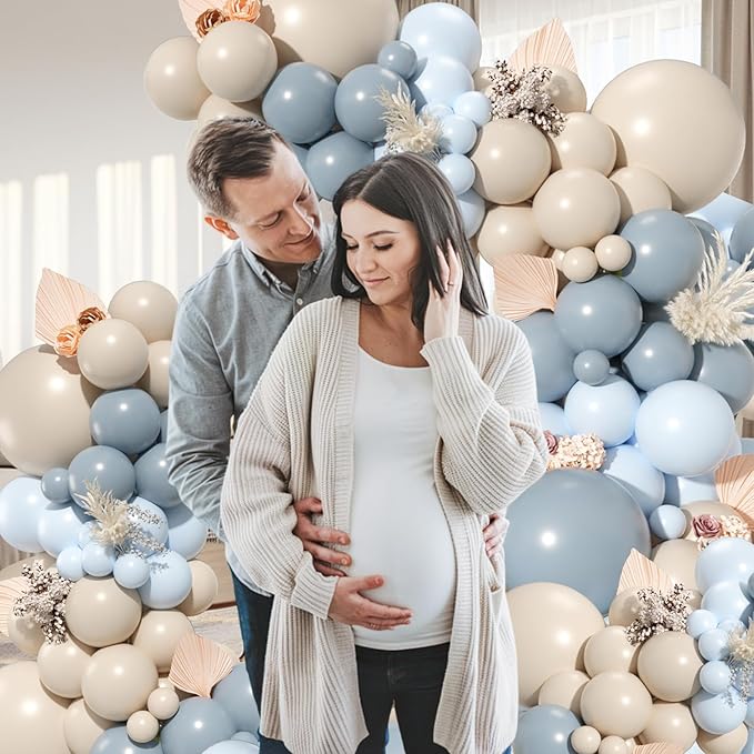 Dusty Blue Sand White Balloon Garland Arch Kit, Slate Fog Baby Blue Sand White Beige Latex Party Balloons for Boys Girls Bear Theme Baby Shower Birthday Gender Reveal Bridal Wedding Party Decorations