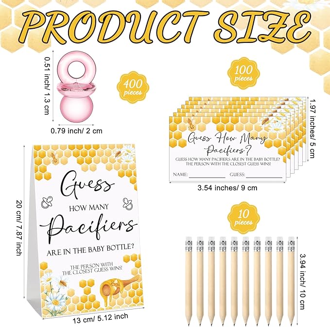 Roowest 512 Pcs Baby Shower Games Guess How Many Pacifiers Sign 100 Small Guessing Games 10 HB Pencils 750ml Milk Bottle 400 Acrylic Pacifiers Decoration for Guest Gender Reveal(Pink,Bee)
