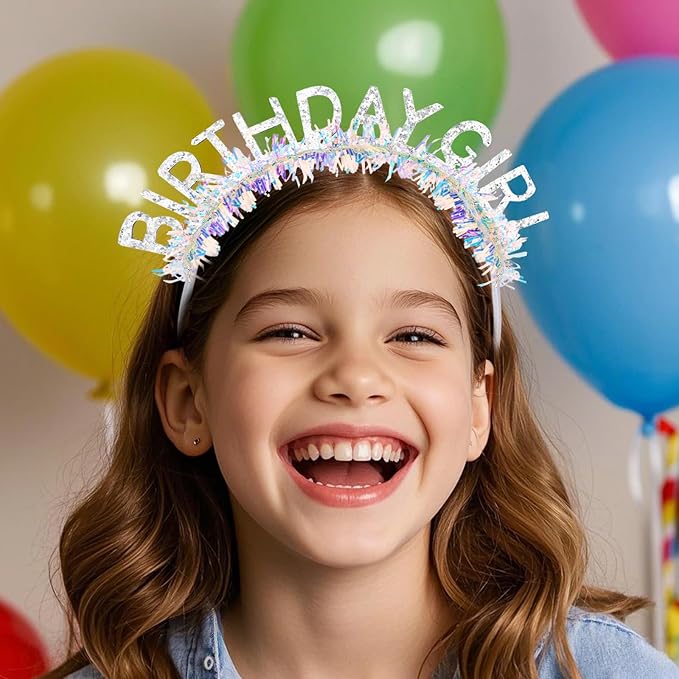 Jaciya Birthday Girl Glitter Headband for Women Girls Sparkling Silver Party Hair Accessories with Confetti Tinsel