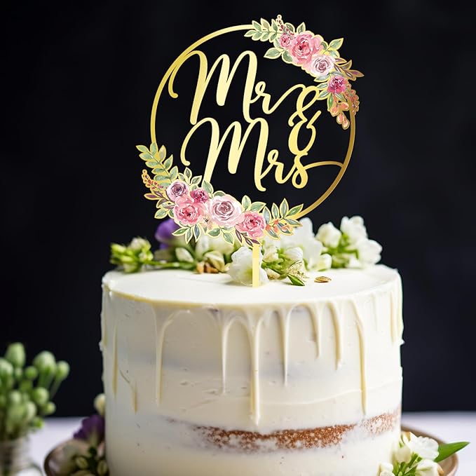 Mr & Mrs Cake Topper Gold Acrylic Wedding Cake Topper Floral Cake Decoration (Design 01)