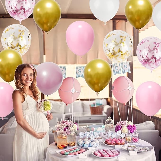 Pink Gold Balloons Set, 12 Inch Pink White Latex Balloons Pink Confetti Helium Balloons Pink and Metallic Gold Party Balloons for Bridal Baby Shower Wedding Girl Women Birthday Decorations