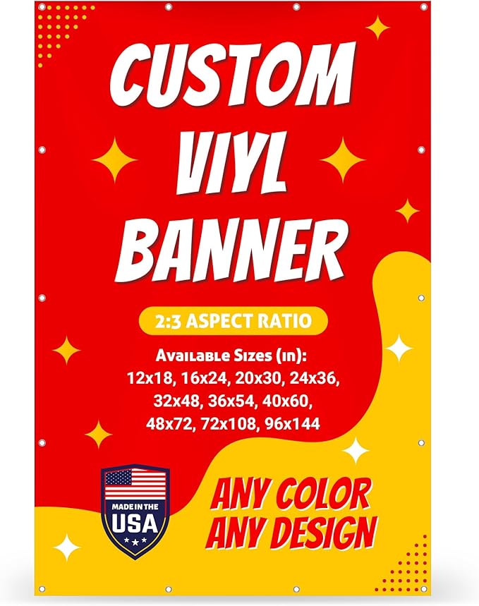 Custom Vinyl Banner with 150+ Sizes – Personalized Outdoor or Indoor Sign – Any Color & Design – Made in USA – Party, Business, Event Use