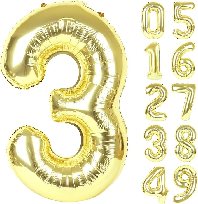 40 Inch Light Gold 3 Large Number Balloon, 3 13 23 30 33 36 Champagne Gold Birthday Party Decorations, Number Three Foil Balloons for Anniversary Party Graduations Celebration Supplies