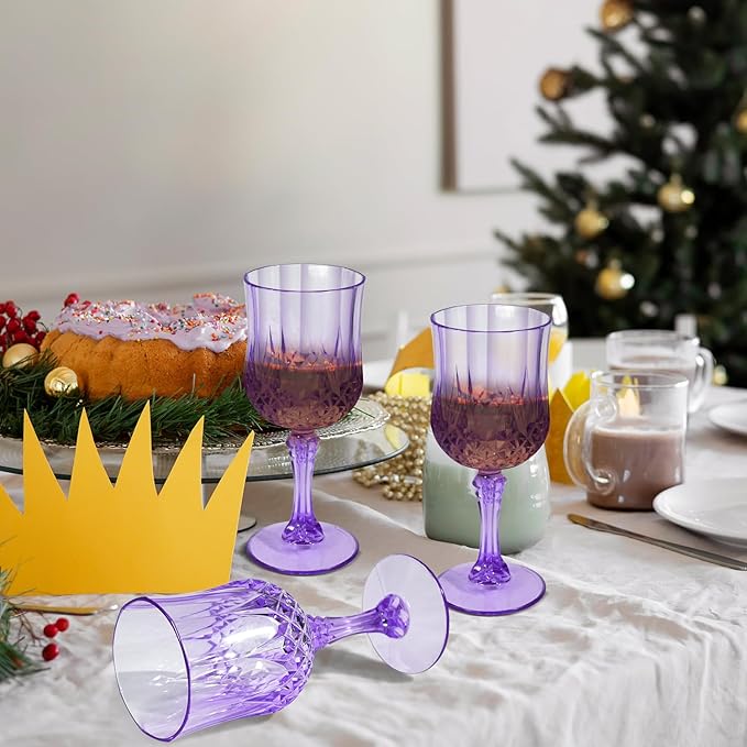 12 Pcs Plastic Purple Wine Drinking Glasses, Plastic Water Goblets Purple Vintage Reusable Drinkware Vintage Champagne glassware for Wedding Reception Grand Event Party, 7oz