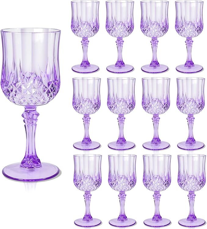 12 Pcs Plastic Purple Wine Drinking Glasses, Plastic Water Goblets Purple Vintage Reusable Drinkware Vintage Champagne glassware for Wedding Reception Grand Event Party, 7oz