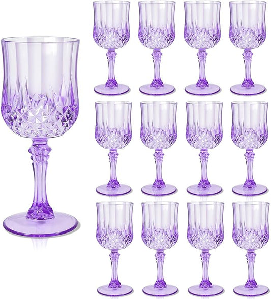 12 Pcs Plastic Purple Wine Drinking Glasses, Plastic Water Goblets Purple Vintage Reusable Drinkware Vintage Champagne glassware for Wedding Reception Grand Event Party, 7oz