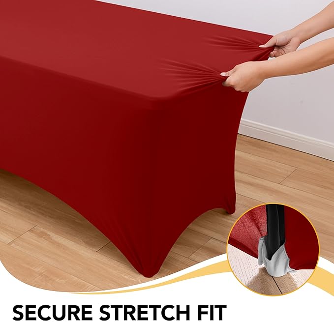 8-Pack Premium Red Spandex Tablecloths for 6ft Rectangle Tables, Stain & Wrinkle-Resistant, Washable Stretch Polyester Fitted Table Cover for Weddings, Banquets, Trade Shows Events