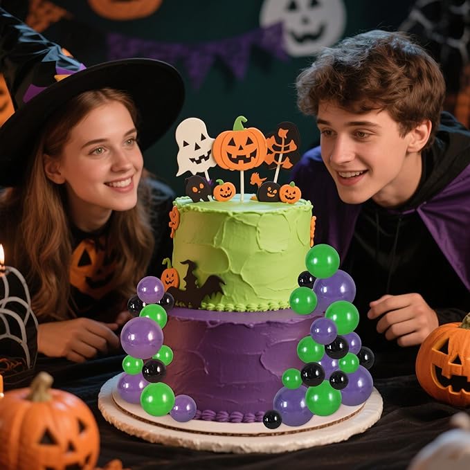 BEISHIDA 40 Pcs Foam Ball Cake Toppers with Sticks Mini Cake Decorations for Birthdays, Baby Showers, Halloween Cake Toppers, Video Game Birthday Party Cake Decorations(Black,Green, Purple)