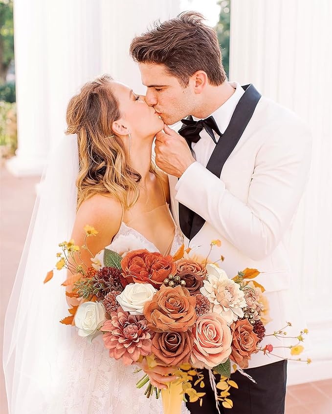 Orange Roses Artificial Flowers Fall Fake Flower Bulk for DIY Wedding Bouquet Bridal Baby Shower Centerpiece Table Decorations Faux Floral Arrangements for Party Home Decor Cake Decorating