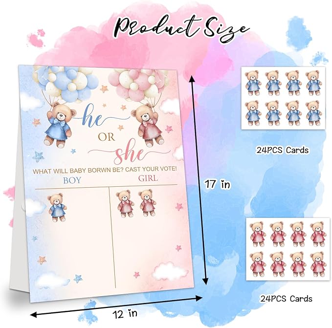 LNOKRIM Gender Reveal Party Games, Teddy Theme Baby Gender Reveal Voting Board Sign, 48 Boy Girl Voting Stickers, He or She, Baby Gender Reveal Party Decorations Games for Boy or Girl Shower, Bear 04