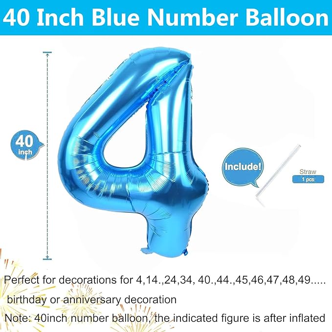 40 inch Blue Number Balloon Giant Foil Helium Balloons Blue Number 4 Balloon for 4th Birthday Party Decorations