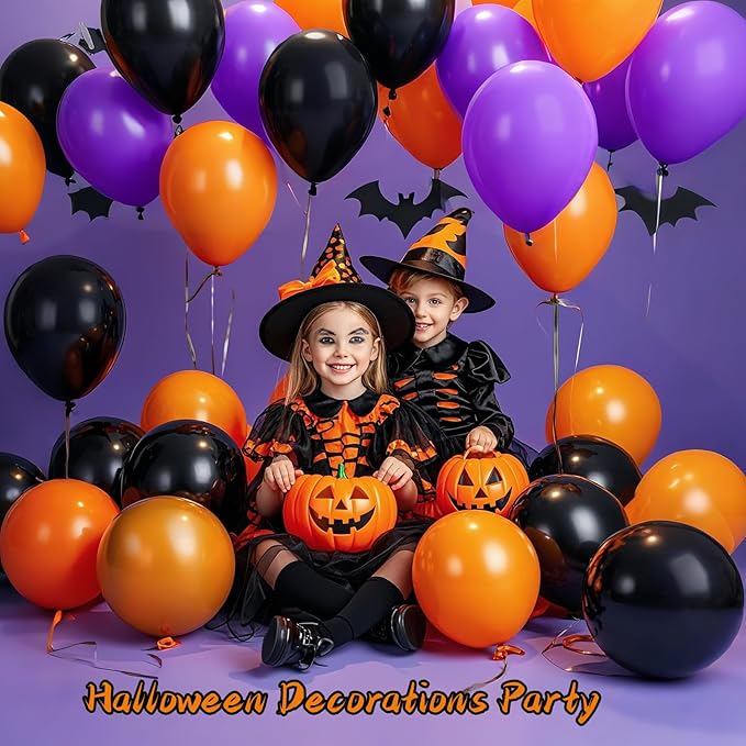 Orange and Black Balloons with Ribbons, 12-Inch Halloween Party Orange Purple and Black Latex Balloons for Halloween Party Decorations, Perfect for Spooky Party Decor