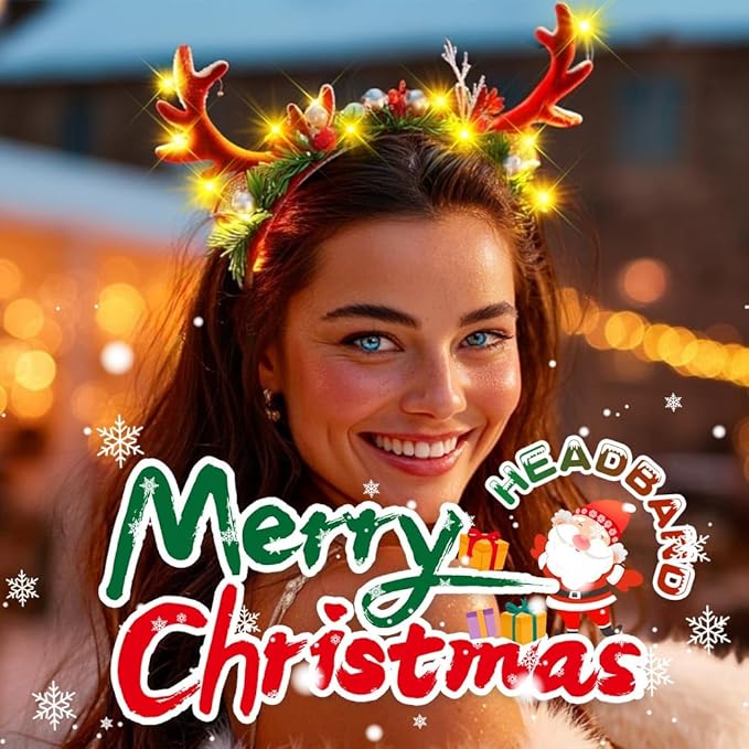 JONKY Christmas Headband Light up Reindeer Antlers Headpiece Xmas Party Costume Hair Accessories for Women