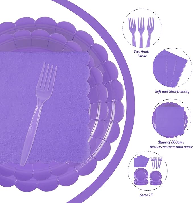 96PCS Lavender Paper Plates and Napkins, 24 Guest Light Purple Disposable Tableware Set Include Scalloped Paper Plates Napkins and Forks Decoration Party Supplies for Birthday Wedding Baby Shower