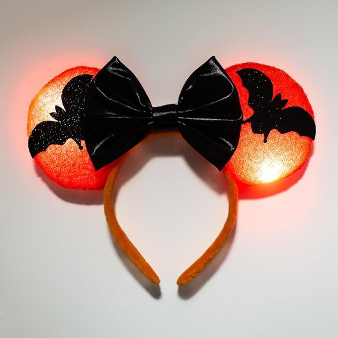 Halloween LED Mouse Ear Headband with Bats, Light Up Sequin Bow Hairband, Flashing Glowing Party Decoration Headwear Hair Accessories for Women Girls