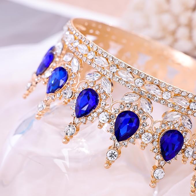 Blue Queen Crown for Women Crystal Tiara for Girl Rhinestone Wedding Headband for Bride Hair Accessories for Costume Birthday Party Prom Gifts