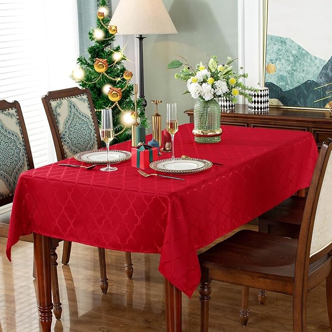 SASTYBALE Jacquard Christmas Tablecloth Flower Pattern Polyester Christmas Table Cloth Spill Proof Wrinkle Resistant Table Cover for Xmas Holiday Party Decor (Square, 52" x 52" (2-4 Seats),Red)
