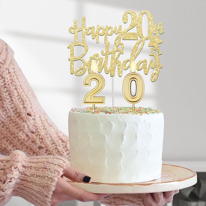 20th Birthday Decorations for Women Gold with 20th Birthday Tiara and Sash, Cake Topper and Candles, Number Balloons, 20 Year Old Gifts for Women