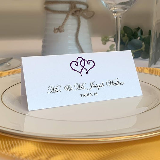 Linked Hearts Place Cards, Eggplant (Choose Color), Set of 60, Pre-cut and Scored - Wedding, Party, Dinner, and Special Events - Made in the USA