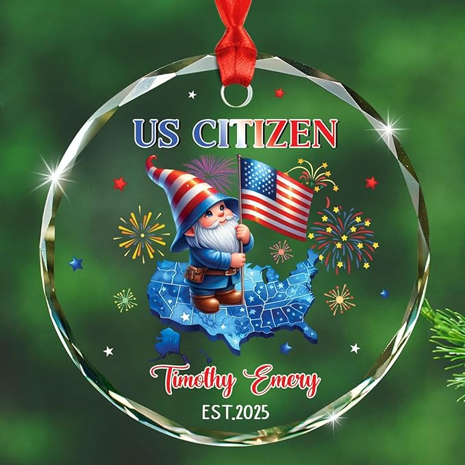 Personalized US Citizen Glass Christmas Ornament Gift for Men Women US Citizenship, Customized Choose Year & Name New American Citizen Keepsake Ornament, American Citizenship Xmas Decor Ornaments