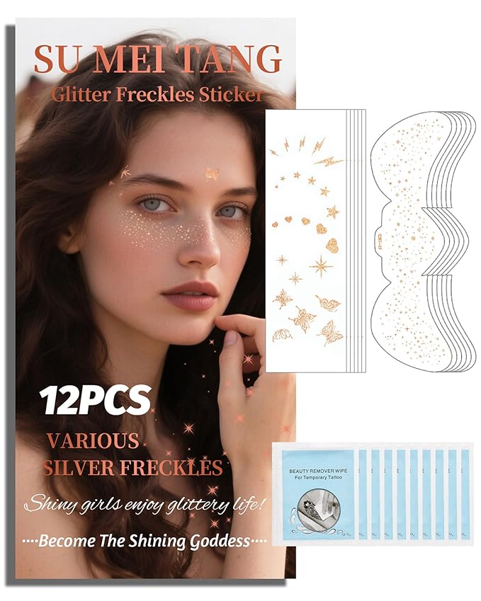 Glitter Freckles Face Tattoo Patches - 12PCS Temporary Sparkle Face Stickers with 10 Remover Wipes | Waterproof Festival Rave Party Makeup Accessories for Women Girls (Rose Gold)