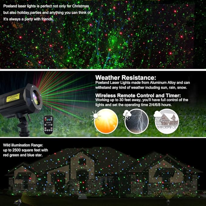 Poeland Christmas Laser Projector Lights Waterproof Outdoor Garden Decorative Lighting with Security Lock 3 Color Red Green Blue
