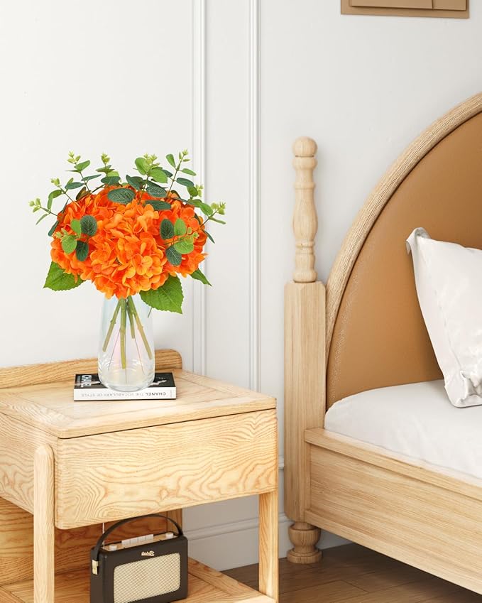 Tifuly Fake Hydrangea Artificial Flowers with Vase 4pcs Real Touch Faux Hydrangea and 3pcs Eucalyptus Stems for Wedding Centerpiece Home Party Table Decoration（Orange）