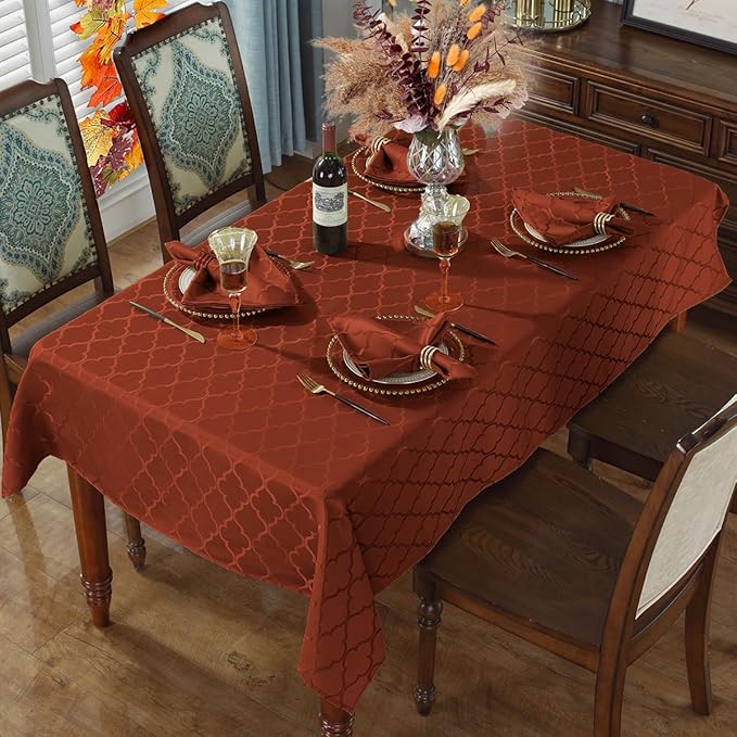 SASTYBALE Rust Red Damask Jacquard Tablecloth - 52x70 Inch Rectangle/Oblong (4-6 Seats) - Water Resistant, Wrinkle-Free Durable Fabric - Fall Thanksgiving & Christmas Daily Table Cover